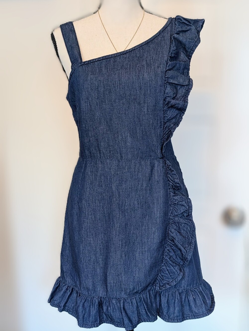 BDG  One-Shoulder Denim Ruffle Dress - Denim Blue